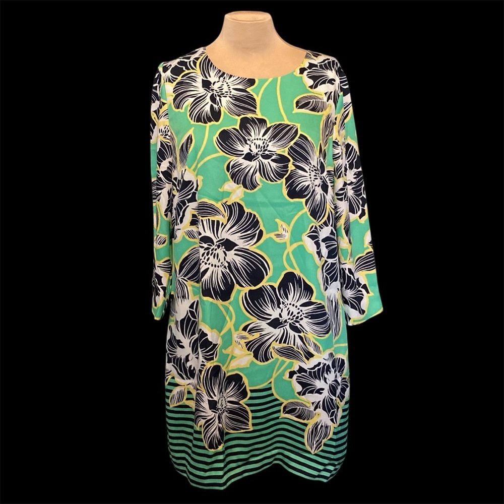 Crown & Ivy Long Sleeve Midi Shift Dress w/Vibrant Green and Navy Floral Print - Picture 1 of 6